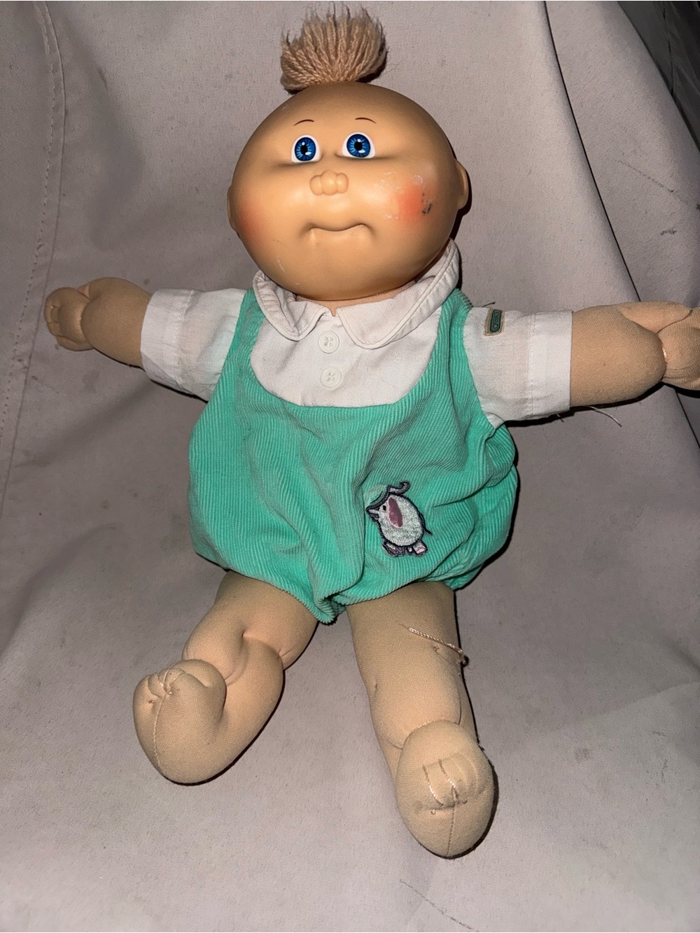 Cabbage Patch Kid Soft Body Boy Doll Blue Eyes Blonde Hair Green Outfit